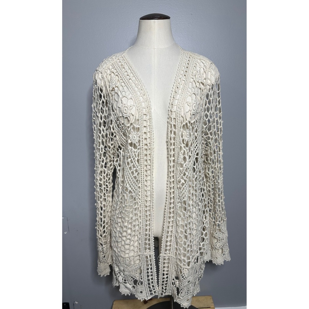 Rebellion Again Cream Crochet Cardigan Women Medium Cotton Boho Floral Festival
